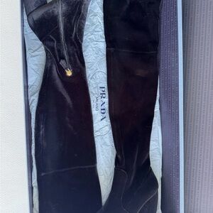 Authentic PRADA Velvet High Boots with Pointed-Toes Gold Zip Closure at Ankles